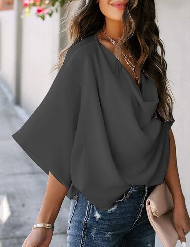 بلوزة قميص فضفاضة للسيدات من LookbookStore برقبة على شكل حرف V وأكمام جرس 3/4 in Kuwait