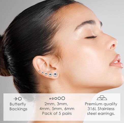 Silverline Jewelry Ball Earrings 5 Pair Set 316L Surgical Stainless Steel Round Ball Stud Earrings for Women Men Teen Girls Teen Boys, Assorted Colors in Kuwait