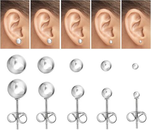 Silverline Jewelry Ball Earrings 5 Pair Set 316L Surgical Stainless Steel Round Ball Stud Earrings for Women Men Teen Girls Teen Boys, Assorted Colors in Kuwait