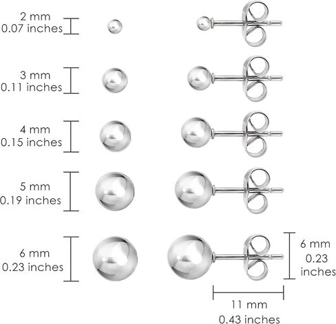 Silverline Jewelry Ball Earrings 5 Pair Set 316L Surgical Stainless Steel Round Ball Stud Earrings for Women Men Teen Girls Teen Boys, Assorted Colors in Kuwait