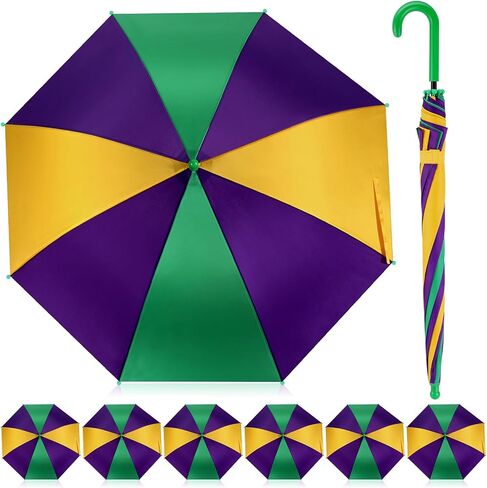Shinylin 6 قطع مظلة Mardi Gras مظلة أوتوماتيكية مفتوحة بمظلة 26 بوصة مظلات مقاومة للرياح خفيفة الوزن للسفر ومظلة قابلة للطي مع مقبض لحفلات Mardi Gras للرجال والنساء، أخضر أرجواني أصفر in Kuwait