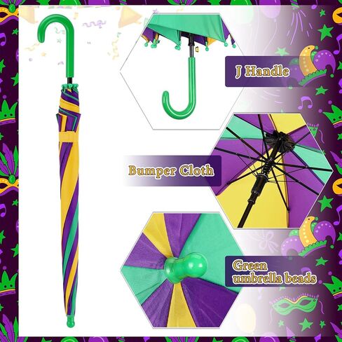 Shinylin 6 قطع مظلة Mardi Gras مظلة أوتوماتيكية مفتوحة بمظلة 26 بوصة مظلات مقاومة للرياح خفيفة الوزن للسفر ومظلة قابلة للطي مع مقبض لحفلات Mardi Gras للرجال والنساء، أخضر أرجواني أصفر in Kuwait