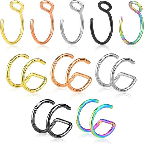 Lusofie 10 Pcs Nose Rings Hoops Double Hoop Nose Ring Fake Nose Ring Clip On Nose Ring Fake Lip Piercing For Women Men in Kuwait