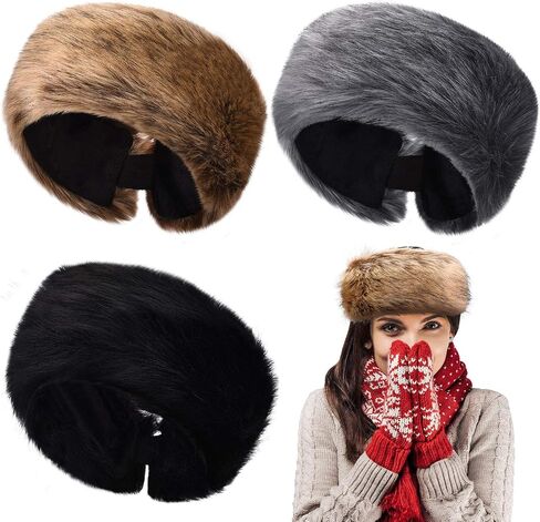 3 Pieces Faux Fur Headband Elastic Fluffy Winter Headband Ear Warmer Stretchy Cold Weather Ear Muff Headwrap for Women Girls in Saudi Arabia