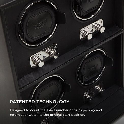 WOLF Heritage 4-Piece Winder with Glass Cover, Black - Secure Fit with Patented Lock-In Dynamic Cuff - For Bigger, Heavier Watches - Vegan Leather - Includes Universal Adapter in Saudi Arabia