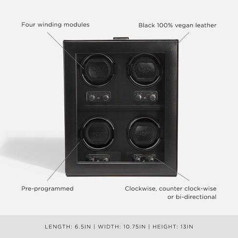 WOLF Heritage 4-Piece Winder with Glass Cover, Black - Secure Fit with Patented Lock-In Dynamic Cuff - For Bigger, Heavier Watches - Vegan Leather - Includes Universal Adapter in Saudi Arabia