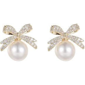 Pearl Bow Earrings for Women Rhinestone Pink Bow Earrings Red Ball Earrings for Women Girls Birthday Party New Year Jewelry Gifts in Saudi Arabia