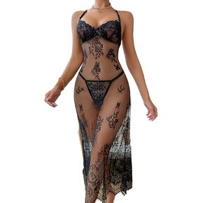 Verdusa Women's 2 Piece Backless Floral Lace Spaghetti Strap Maxi Slips with Thong Nightwear Set