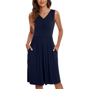 NILOUFO Womens Summer Casual Dresses Sleeveless V Neck Midi Dress with Pockets