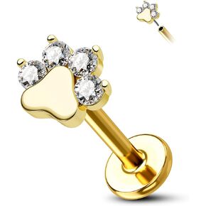 COCHARM G23 Titanium Flat Back Earrings Stud 16g Threadless Helix Conch Piercing Jewelry 8mm Dog Paw Print Conch Cartilage Earring Stud Push Pin Surgical Steel Labret Stud