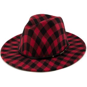 Women Men Red Black Plaid Fedora Wide Brim Buffalo Checked Panama Fedora (Size:7 1/4) in Saudi Arabia