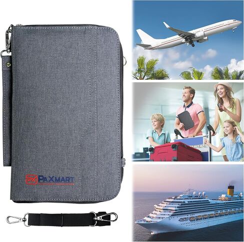 محفظة PaXmart Family Passport Organizer مع حاملات بطاقات الصعود ووثائق السفر للطيران والرحلات البحرية وأساسيات السفر (مع حامل AirTag) (رمادي) (كبير جدًا - مثالي لـ 4 إلى 6 جوازات سفر) in Saudi Arabia