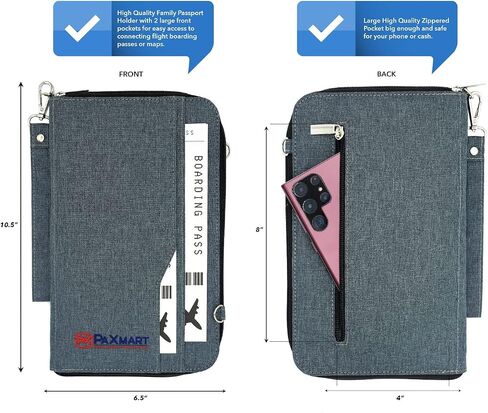 محفظة PaXmart Family Passport Organizer مع حاملات بطاقات الصعود ووثائق السفر للطيران والرحلات البحرية وأساسيات السفر (مع حامل AirTag) (رمادي) (كبير جدًا - مثالي لـ 4 إلى 6 جوازات سفر) in Saudi Arabia