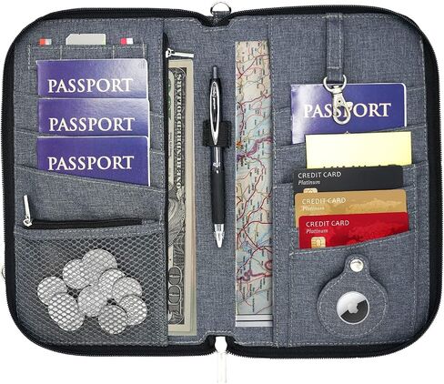 محفظة PaXmart Family Passport Organizer مع حاملات بطاقات الصعود ووثائق السفر للطيران والرحلات البحرية وأساسيات السفر (مع حامل AirTag) (رمادي) (كبير جدًا - مثالي لـ 4 إلى 6 جوازات سفر) in Saudi Arabia