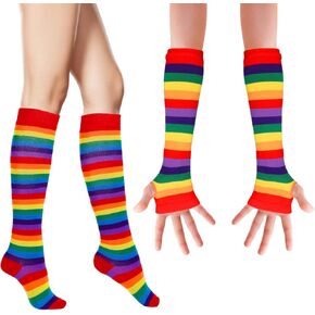 WLLHYF Rainbow Striped Arm Leg Socks Set, Long Knit Over Knee Thigh High Socks Warmer Fingerless Stretchy Gloves Cosplay Accessories Valentine's Day Christmas Costumes for Women Girls in Saudi Arabia