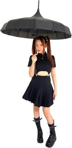 Gothic Rebel Black Pagoda Umbrella - Perfect For Rain Or Shine, Ideal For Vampires, Gothic Enthusiasts, And Lovers Of Unique Style in Kuwait