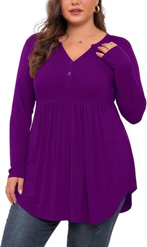 SHIJIALI Women's Plus Size Henley Shirts V Neck Button Tunic Tops Casual Long Sleeve Swing Flowy Blouse in Saudi Arabia