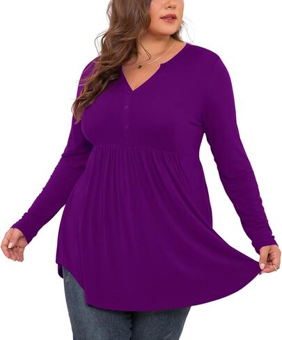 SHIJIALI Women's Plus Size Henley Shirts V Neck Button Tunic Tops Casual Long Sleeve Swing Flowy Blouse in Saudi Arabia