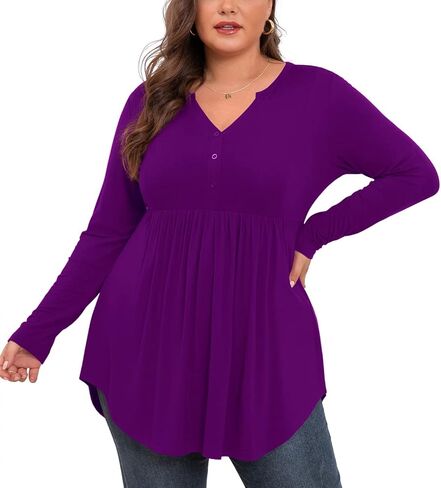 SHIJIALI Women's Plus Size Henley Shirts V Neck Button Tunic Tops Casual Long Sleeve Swing Flowy Blouse in Saudi Arabia