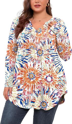 SHIJIALI Women's Plus Size Henley Shirts V Neck Button Tunic Tops Casual Long Sleeve Swing Flowy Blouse in Saudi Arabia