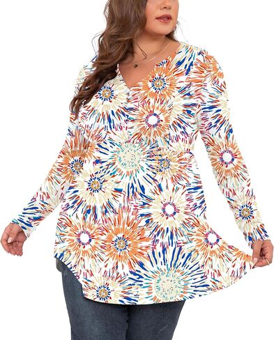 SHIJIALI Women's Plus Size Henley Shirts V Neck Button Tunic Tops Casual Long Sleeve Swing Flowy Blouse in Saudi Arabia