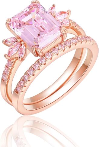 LAZLUVU Classic Cubic Zirconia Engagement Rings Square Pink Stone Bridal Set Promise Ring Jewelry Gift For Women Girls Wedding Anniversary in Kuwait