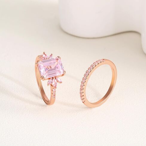 LAZLUVU Classic Cubic Zirconia Engagement Rings Square Pink Stone Bridal Set Promise Ring Jewelry Gift For Women Girls Wedding Anniversary in Kuwait
