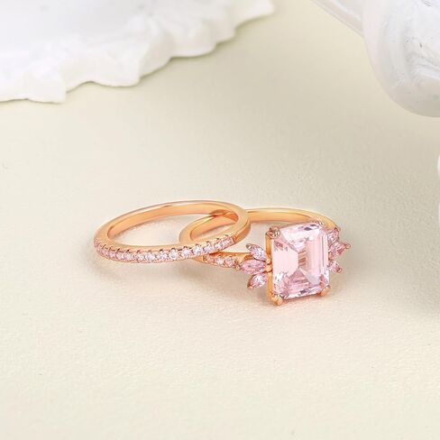 LAZLUVU Classic Cubic Zirconia Engagement Rings Square Pink Stone Bridal Set Promise Ring Jewelry Gift For Women Girls Wedding Anniversary in Kuwait