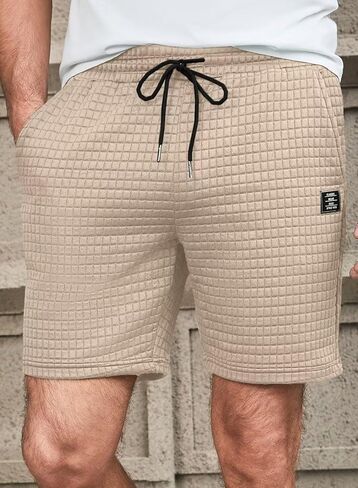 شورت رجالي كاجوال بنمط وافل بخصر مطاطي برباط للتمرين والجري مع جيبين in Kuwait