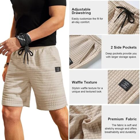شورت رجالي كاجوال بنمط وافل بخصر مطاطي برباط للتمرين والجري مع جيبين in Kuwait