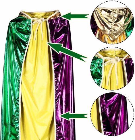 LANGFON Mardi Gras Shimmering Yellow Green Purple Cape, Mardi Gras Full Length Cloak Costume Accessory Masquerade Costume for Mardi Gras Robe Outdoor Party Carnival Holiday Outfits in Kuwait