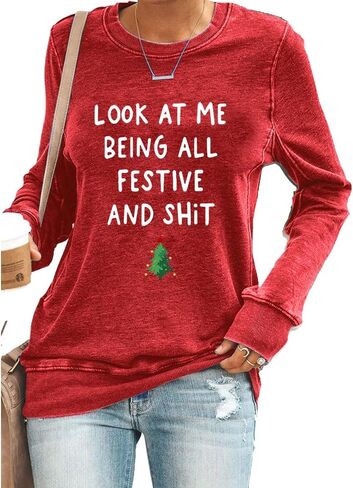 قميص من النوع الثقيل Look At Mebeing All Festive برسومات مضحكة وقميص بياقة دائرية in Kuwait