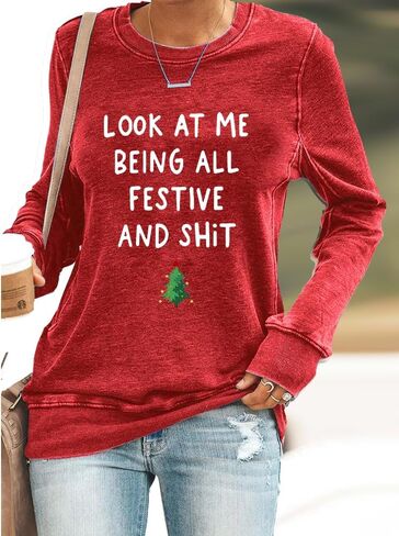 قميص من النوع الثقيل Look At Mebeing All Festive برسومات مضحكة وقميص بياقة دائرية in Kuwait