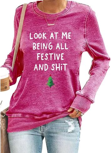 قميص من النوع الثقيل Look At Mebeing All Festive برسومات مضحكة وقميص بياقة دائرية in Kuwait