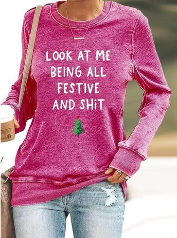 قميص من النوع الثقيل Look At Mebeing All Festive برسومات مضحكة وقميص بياقة دائرية in Kuwait