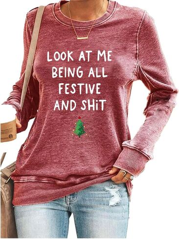 قميص من النوع الثقيل Look At Mebeing All Festive برسومات مضحكة وقميص بياقة دائرية in Kuwait