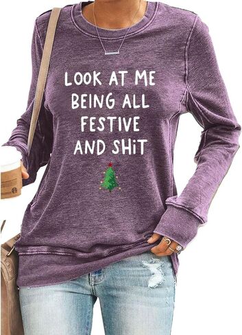 قميص من النوع الثقيل Look At Mebeing All Festive برسومات مضحكة وقميص بياقة دائرية in Kuwait