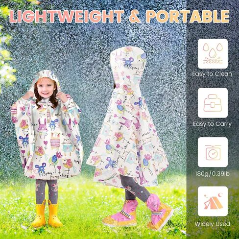 LAMA Kid's Rain Poncho with Hooded, Reusable Waterproof Girl Rain Jacket, Lightweight Boy Girl Cute Rain Poncho for 3-7 Year in Kuwait