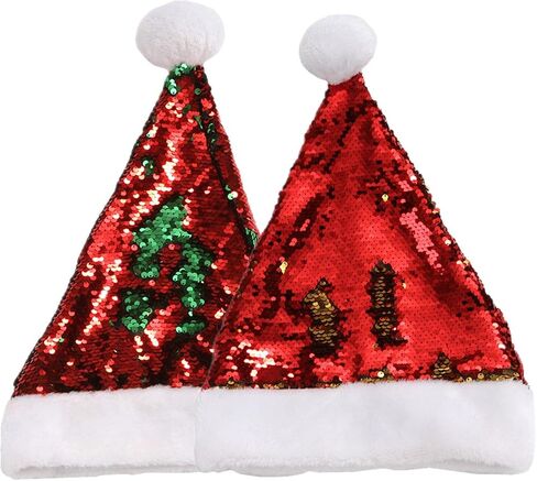 Y-KINZ Luxury Santa Hat for Adults, Women, Men, Teens & Kids-Double-Sided Reversible Sequin Christmas Cap in Red & Green & Gold-Festive Claus Hat for Xmas & New Year Party Supplies-15.75"x11.8"-2 Pack in Saudi Arabia