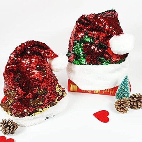 Y-KINZ Luxury Santa Hat for Adults, Women, Men, Teens & Kids-Double-Sided Reversible Sequin Christmas Cap in Red & Green & Gold-Festive Claus Hat for Xmas & New Year Party Supplies-15.75"x11.8"-2 Pack in Saudi Arabia