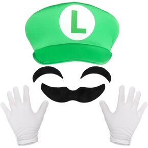 Luhiew Plumber Costume Suit, Red and Green Hat, Costume Props Fake Eyebrows and Mustache in Kuwait