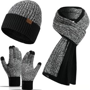 Yvechus 3 Pcs Winter Knit Beanie Hat Scarf and Touch Screen Gloves Set Fleece Lined for Men Women