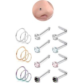 DAILI 17PCS Gold 20G Nose Rings Studs: 316L Surgical Stainless Steel Nose Rings L Shaped Nose Studs Hypoallergenic CZ Nose Piercings Jewelry Set for Women Men 8/10/12MM Cubic Zirconia Nose Stud 3MM