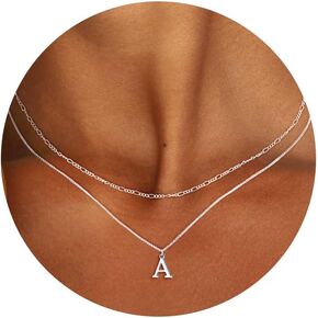MBW Silver Initial Necklaces for Women Trendy, 14K Layered Necklace for Women Girls Dainty Silver Letter Pendant Figaro Choker Necklaces Costume Monogram Name Necklace Silver Simple Tiny Jewelry Set