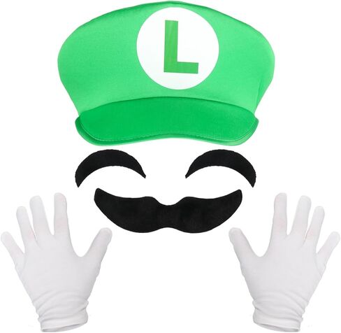 Luhiew Plumber Costume Suit, Red and Green Hat, Costume Props Fake Eyebrows and Mustache in Kuwait