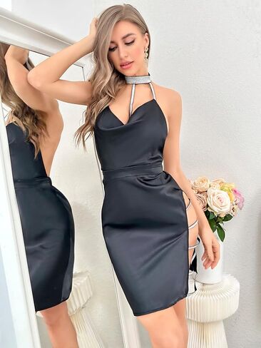فستان نوم نسائي من GORGLITTER مصنوع من الساتان بدون ظهر ومقطع على شكل سلم ملابس داخلية تيدي in Saudi Arabia