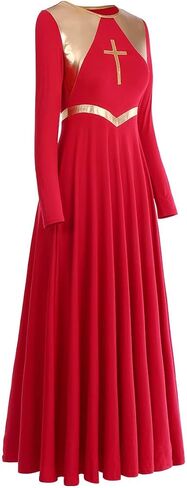 Metallic Cross Praise Dance Dresses for Women Liturgical Worship Praise Loose Fit Full Length Long Sleeve Dance Dress in Kuwait