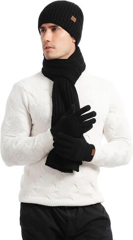 Yvechus 3 Pcs Winter Knit Beanie Hat Scarf and Touch Screen Gloves Set Fleece Lined for Men Women in Saudi Arabia