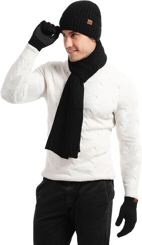 Yvechus 3 Pcs Winter Knit Beanie Hat Scarf and Touch Screen Gloves Set Fleece Lined for Men Women in Saudi Arabia