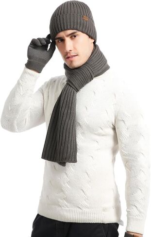 Yvechus 3 Pcs Winter Knit Beanie Hat Scarf and Touch Screen Gloves Set Fleece Lined for Men Women in Saudi Arabia